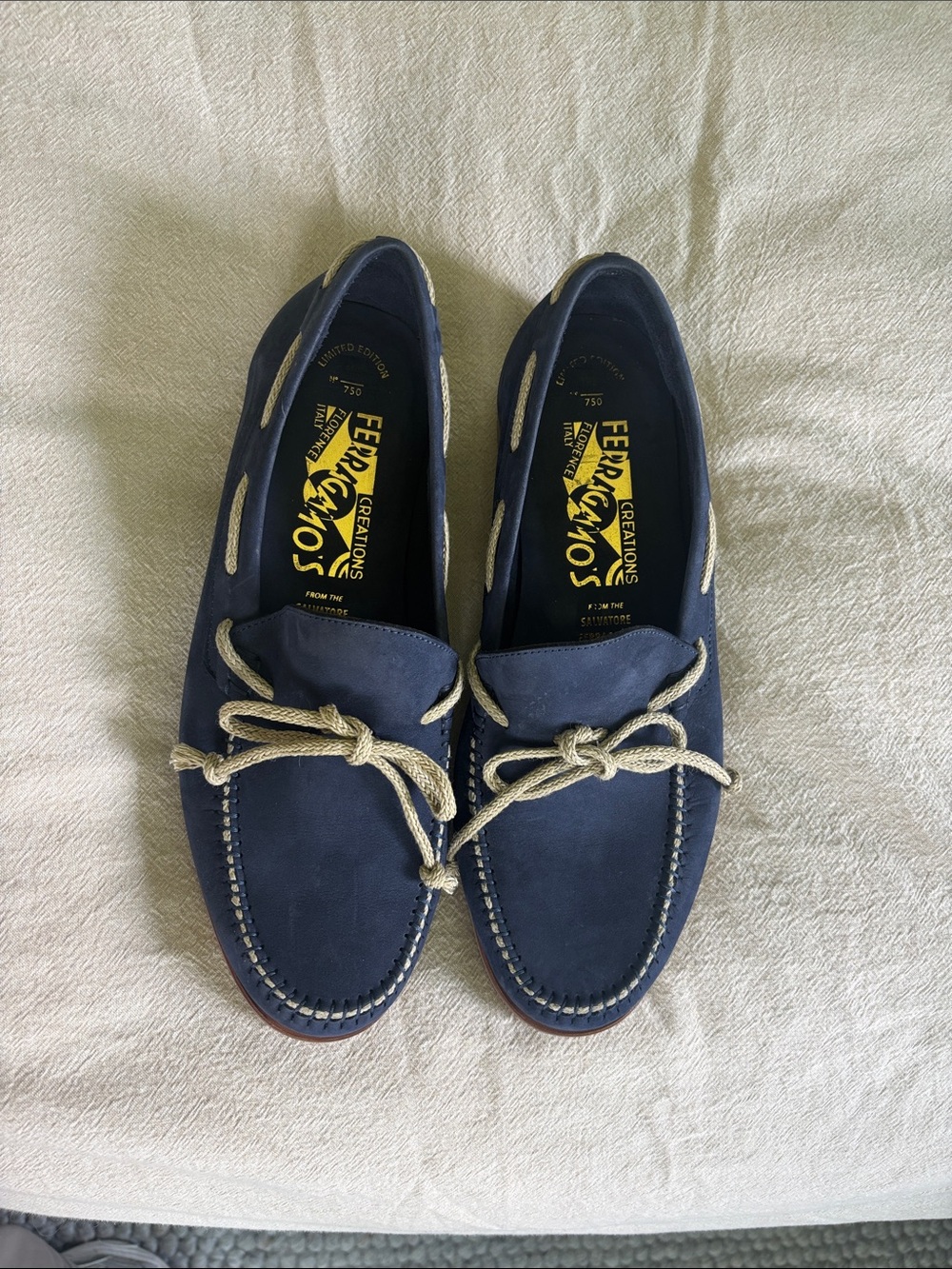 Salvatore Ferragamo Navy Suede Boat Loafers with Cream Rope Laces